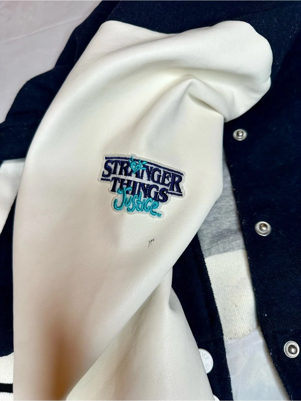 Justice Navy and White Girls' Varsity Jacket with Patch Details STRANGER THINGS